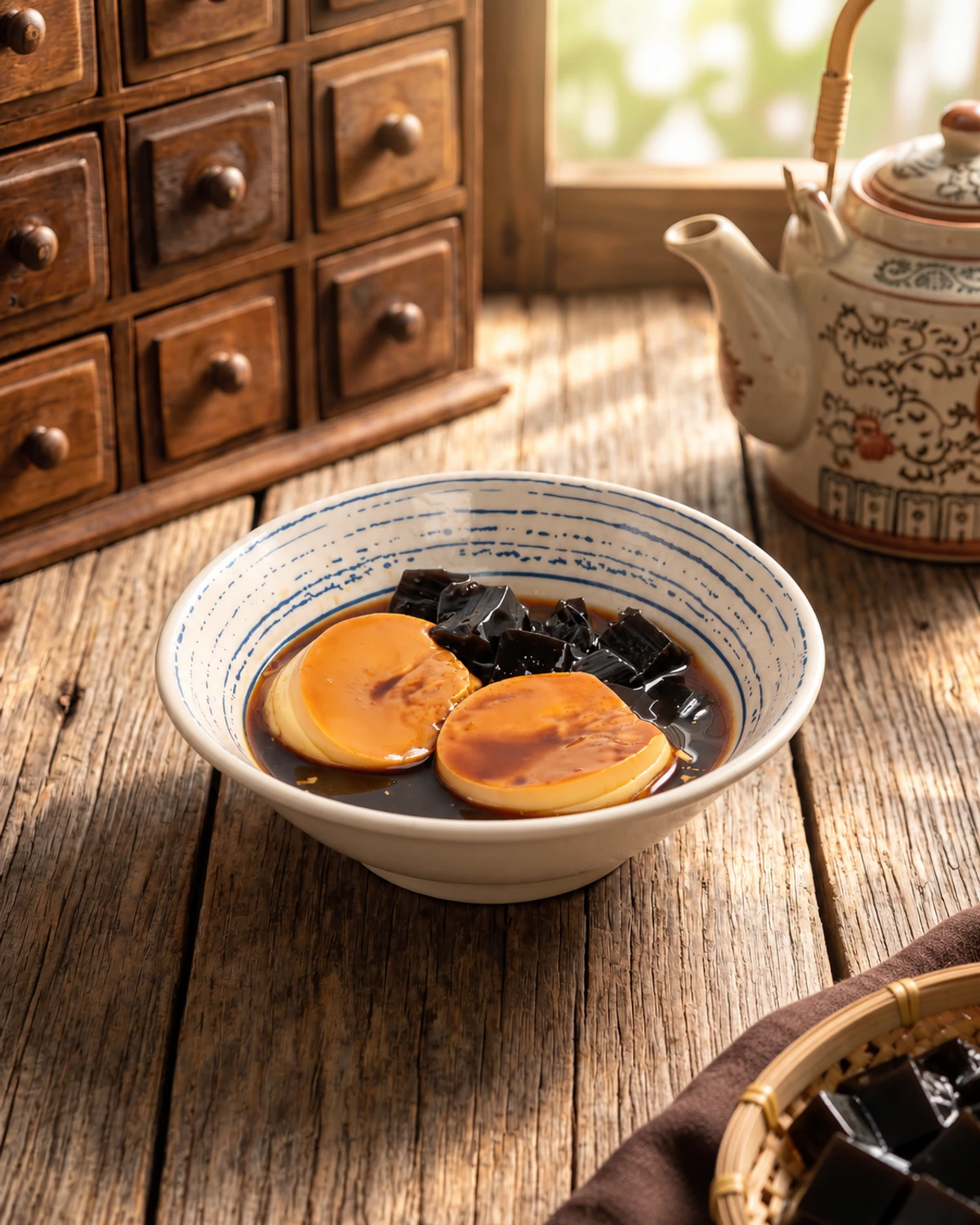 Chè flan trà xanh đậu đỏ